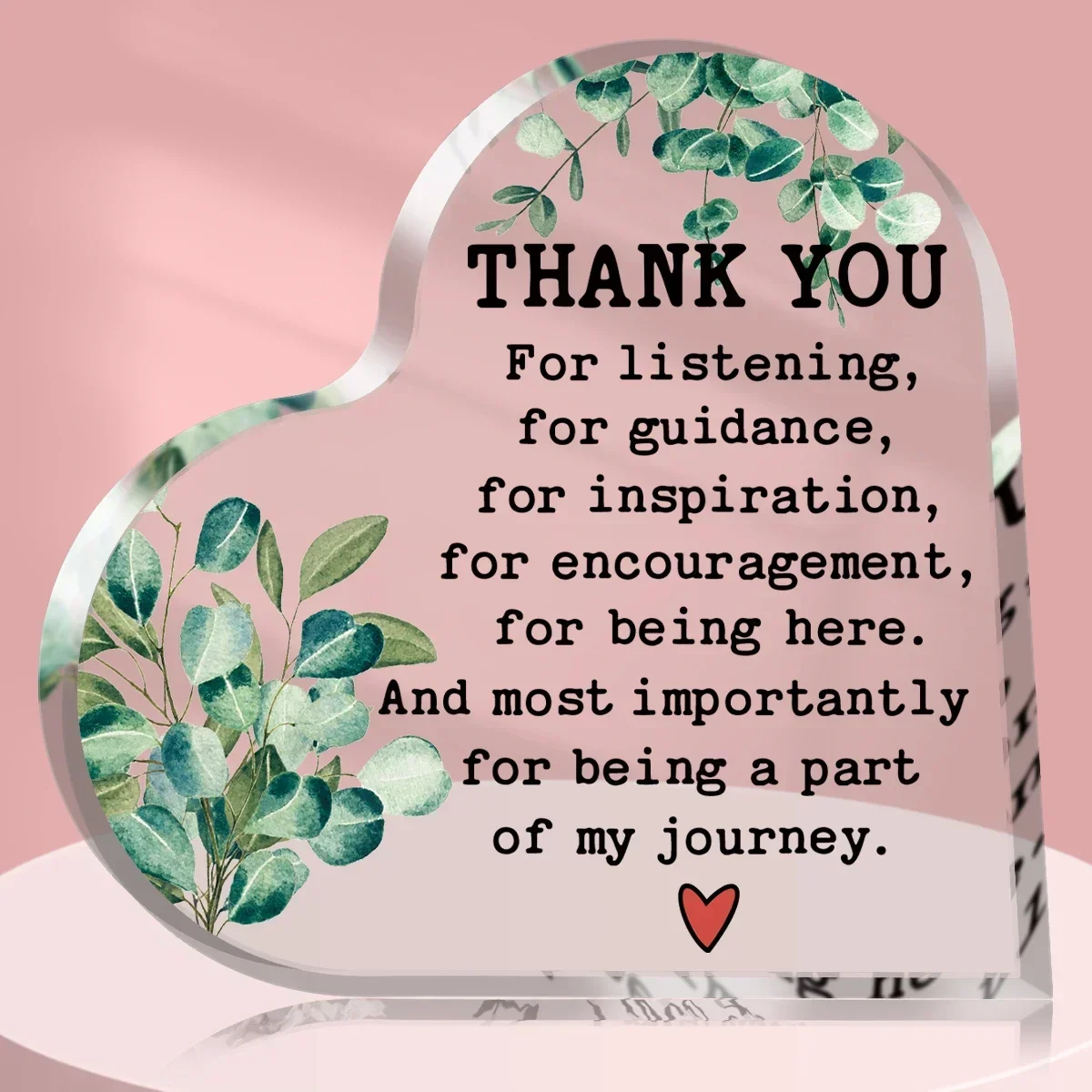 Heart Acrylic Desk Plaque Thank You Gift, Eucalyptus Floral Appreciation Keepsake Sign, Inspirational Gratitude Quote Desktop Gift