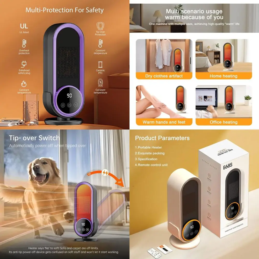 

1200W PTC Ceramic Space Heater - Energy-Saving Portable with Adjustable Thermostat, Remote, and Timer for Home/Office (Purple)