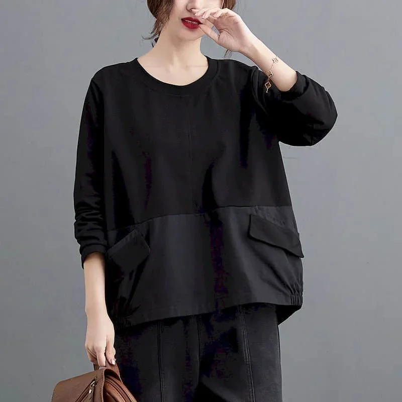 Pop Literary T-shirts For Women Autumn Contrast Color Oversized Casual Korean Style Long Sleeve O-neck Retro Aesthetic Clothes T