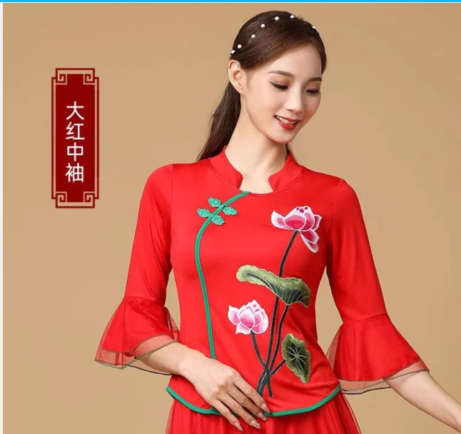 1-pz-lotto-chinse-danza-popolare-top-signora-moda-ricamo-danza-tromba-manica-top