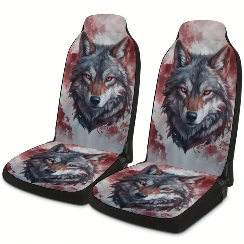 A Set of Two Bloodthirsty Wolf Head Printed Universal Single Seat Covers Suitable for Most Car Models