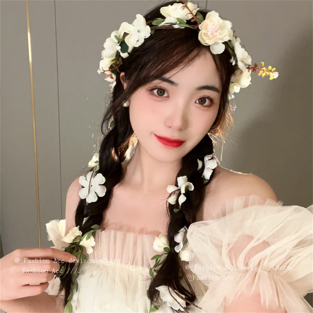 Bohemian Rattan Flower Headband Summer Seaside Flower Garland Hair Bands Women's Simulated Wedding Crown Hairstyles Accessories