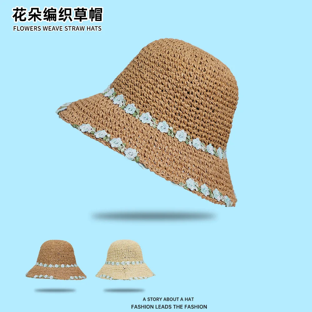 Holiday Pastoral Style Flower Straw Hat Female Summer Seaside Hollow Sun-Shade Fisherman Hat