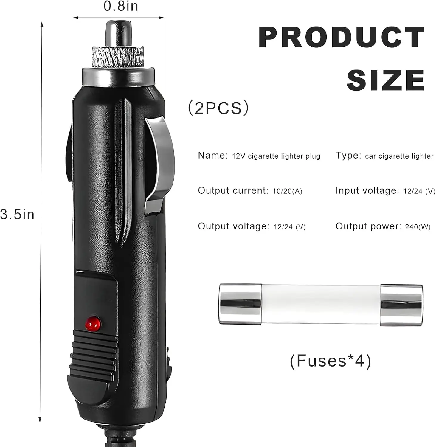 2 PCS Cigarette Lighter Male Plug 12V/24V Aux Socket Plug Connector with Fuse & LED Light Power Adapter for Most Vehicles