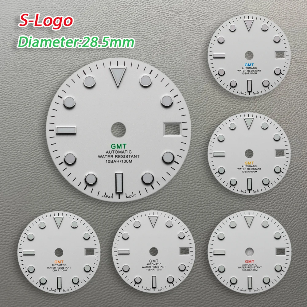 New 28.5mm S Logo GMT Whit Dial NH34 Dial Fit NH35 Movement Green Luminous Fit 3/3.8/4.2 O'clock Watch Modification Accessories