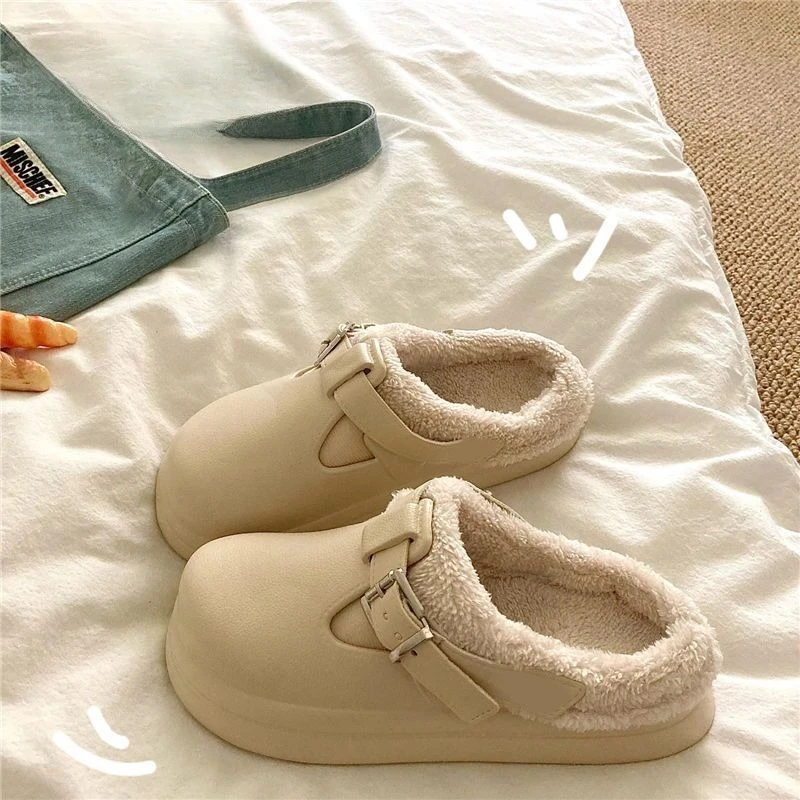 

New Waterproof Eva Furry Mules Slippers Women Winter Metal Buckle Warm Plush Slippers Soft Thick Bottom Non Slip Indoor Slides