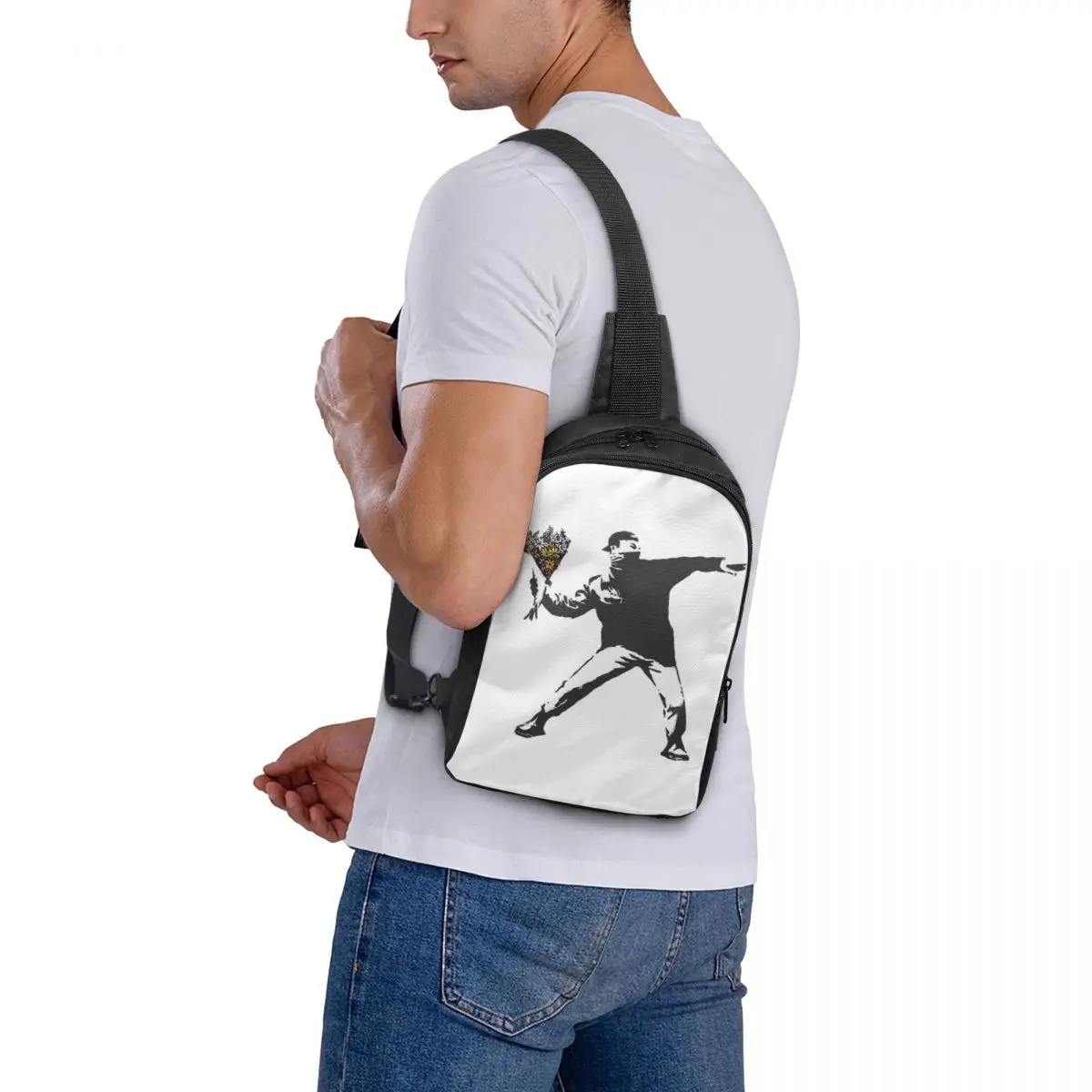 

Banksy Graffiti Protest Anarchist Throwing Flowers Thrower Chest Bag Men Sling Crossbody Backpack Chest Bag Daypack Shoulder Bag
