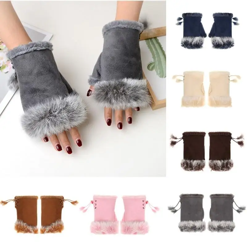 Soft Winter Half Finger Gloves Women Warm Luxury  Plush  Fingerless Gloves Wrist Mittens Writting