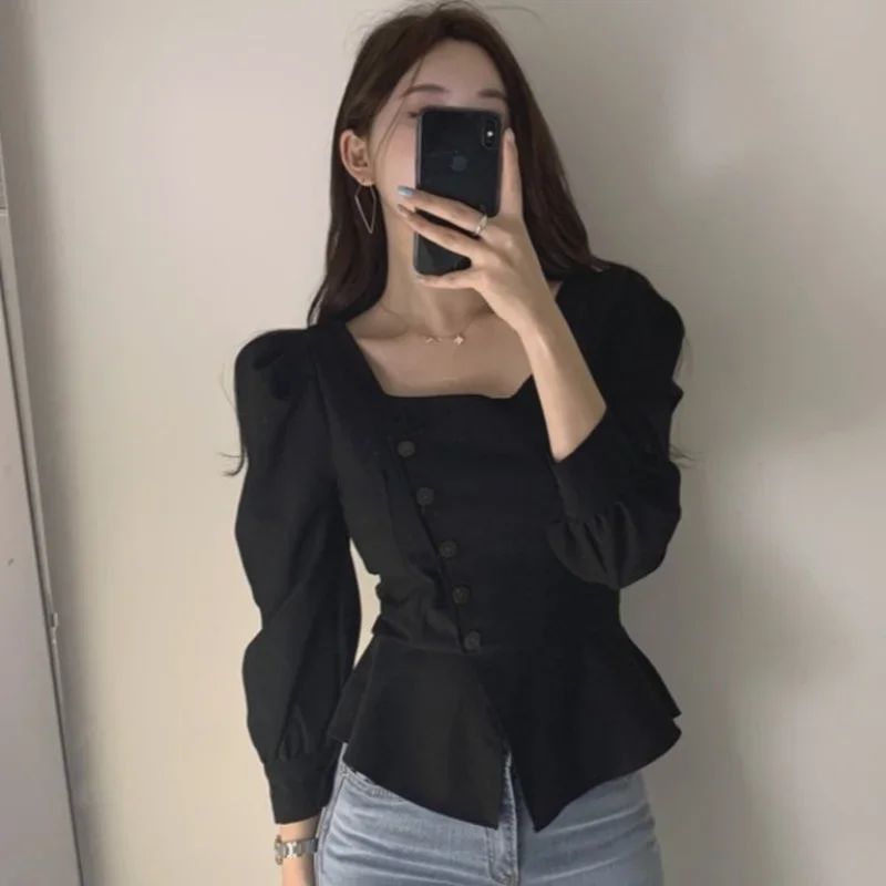 Chemise Femme Korean Chic Autumn Retro High Waist Puff Long Sleeve Square Collar Shirts Temperament Top Slim Blusas Camisas