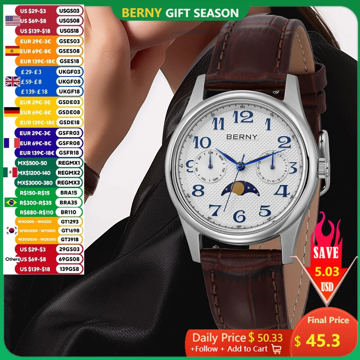 BERNY Luxury Watch for Women 2024 New in Quartz Vintage Lady Watches Easy Read Moon Phase Calendar Dress Business Wristwatch