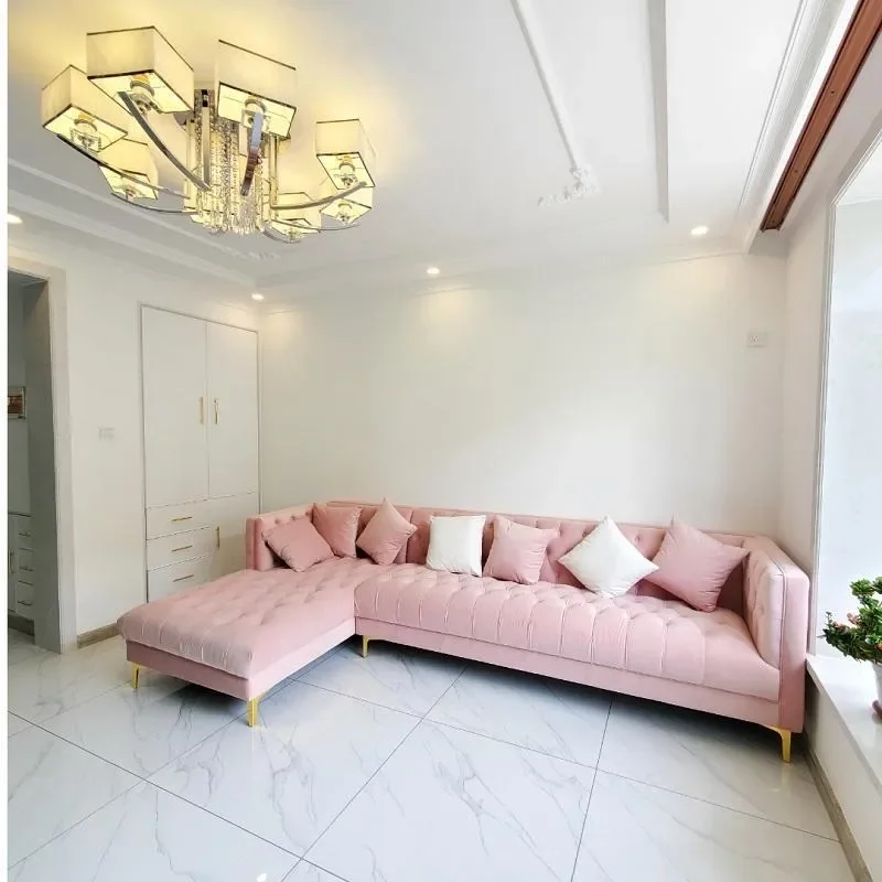 Pink Fabric Straight Sofa Set Modern Light Luxury Design for Small Apartment Living Room Storefront Compact Chaise Lounge