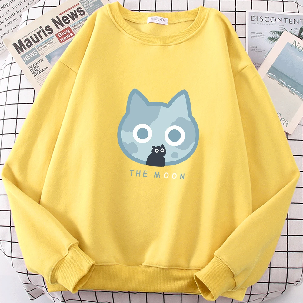 The Moon Blue Cat Fun Cute Print Cartoons Hoodies Mens Women Fashion Fleece Sweatshirt Oversize O-Neck Couple Hoodie Tops