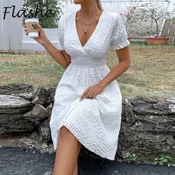 Summer Elegant Dress Women Solid V Neck Short Sleeve V Neck A-line Beach Party Dresses For Women Holiday Mini Dress White