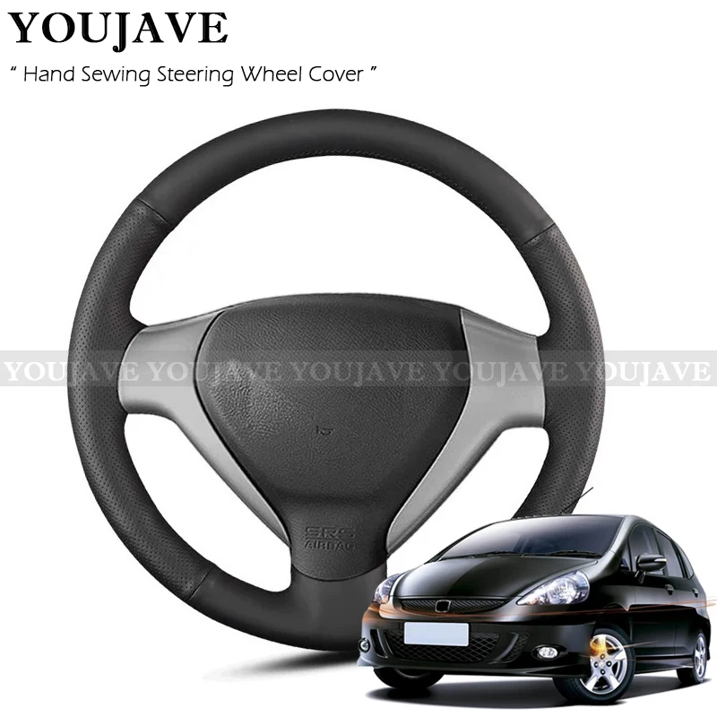 For Honda Fit City 2004 2005 2006 2007 Hand Sewing Car Steering Wheel Cover Non-Slip Cow Leather Suede Grip Auto Accessories