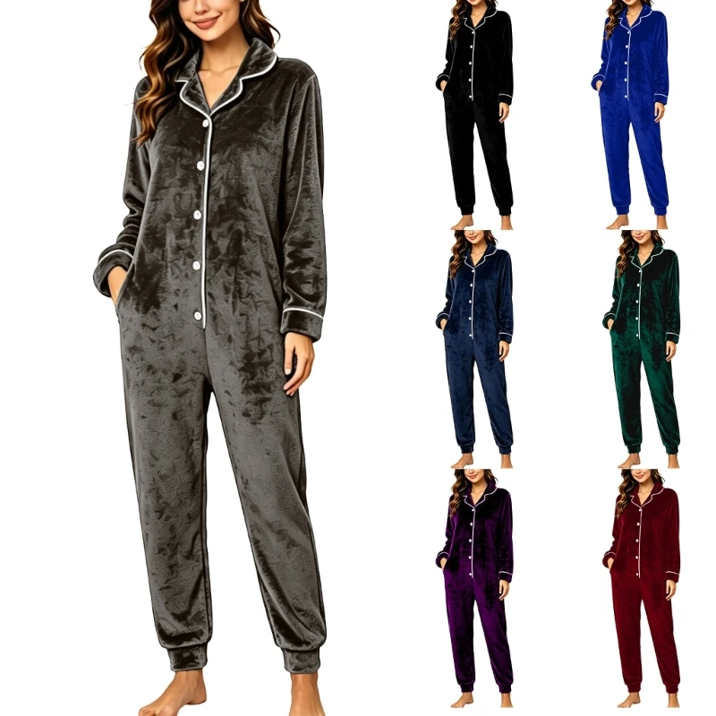 

Women's Lapel Home Pajamas Jumpsuits With Buttons Long Sleeves Rompers Y1AC