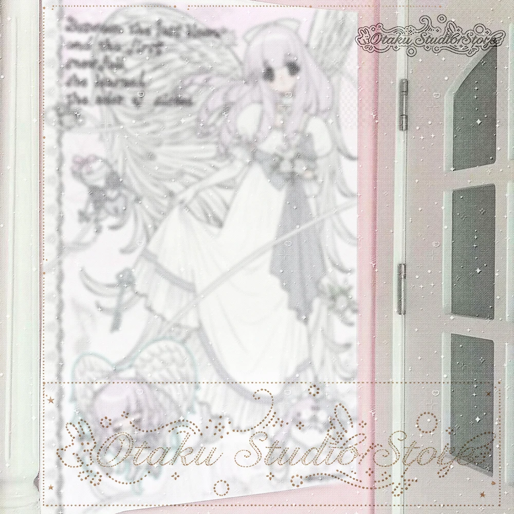 しじま vintage manga angel girl wall tapestry, long lavender hair, big feather wings, lolita frilly dress, antique key and rose dec