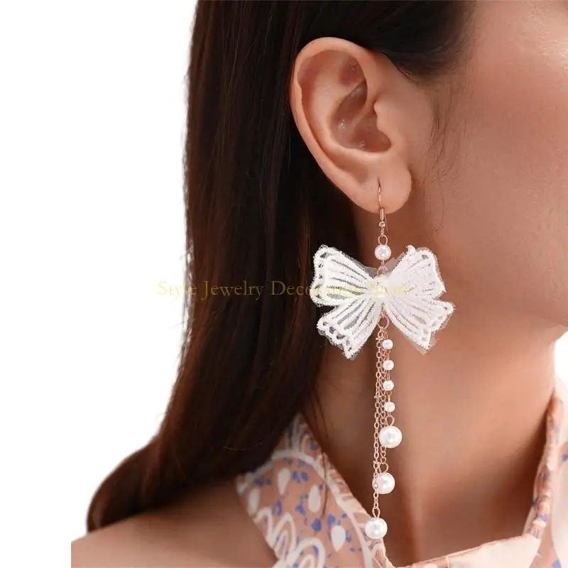 

D46E Bowknot Pearl Tassels Earring Unique design Drop Earrings Jewelry Charm Earring