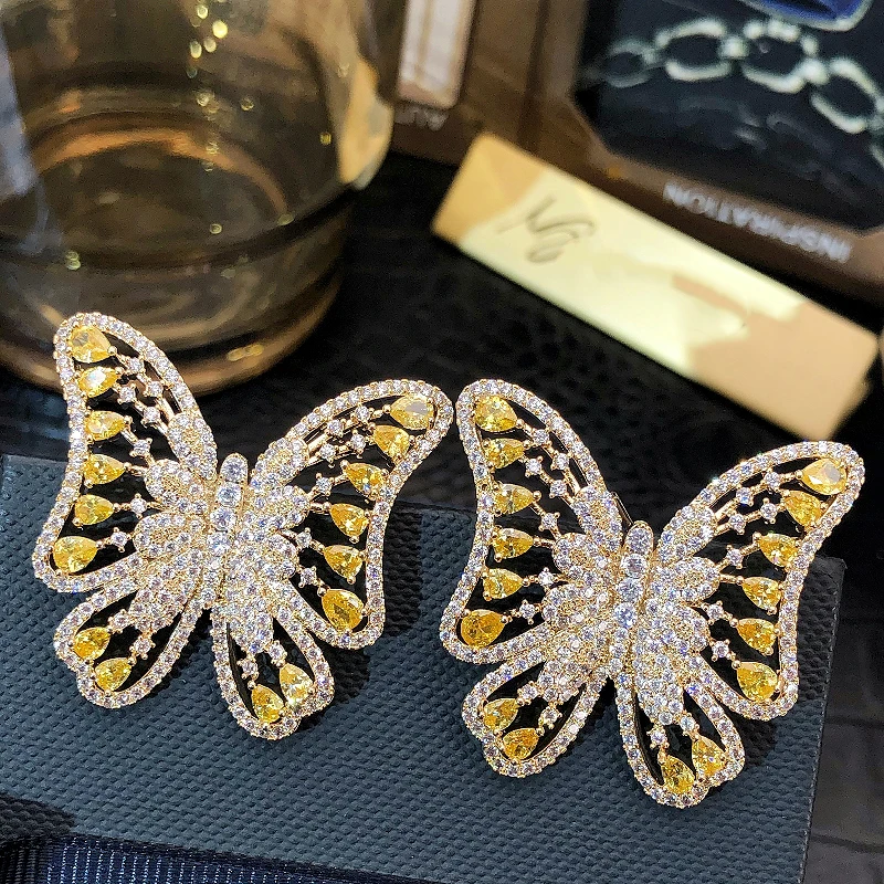 New spring/summer elegant exaggerated YELLOW zircon butterfly large size earrings
