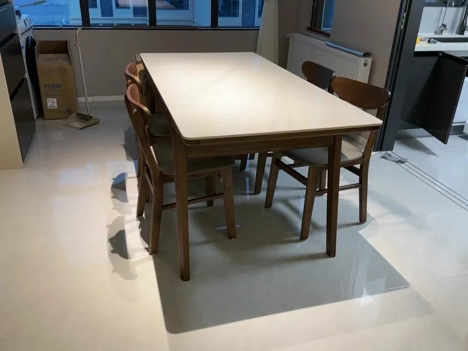 Solid wood slate modern simple imported white wax solid wood leg rectangular bright white rock board dining table and chair