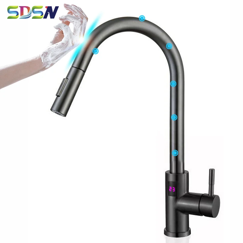 Grey Digital Touch Kitchen Mixer Faucets Stainless Steel Pull Out Kitchen Mixer Tap Hot Cold Sensor Touch Digital Kitchen Faucet