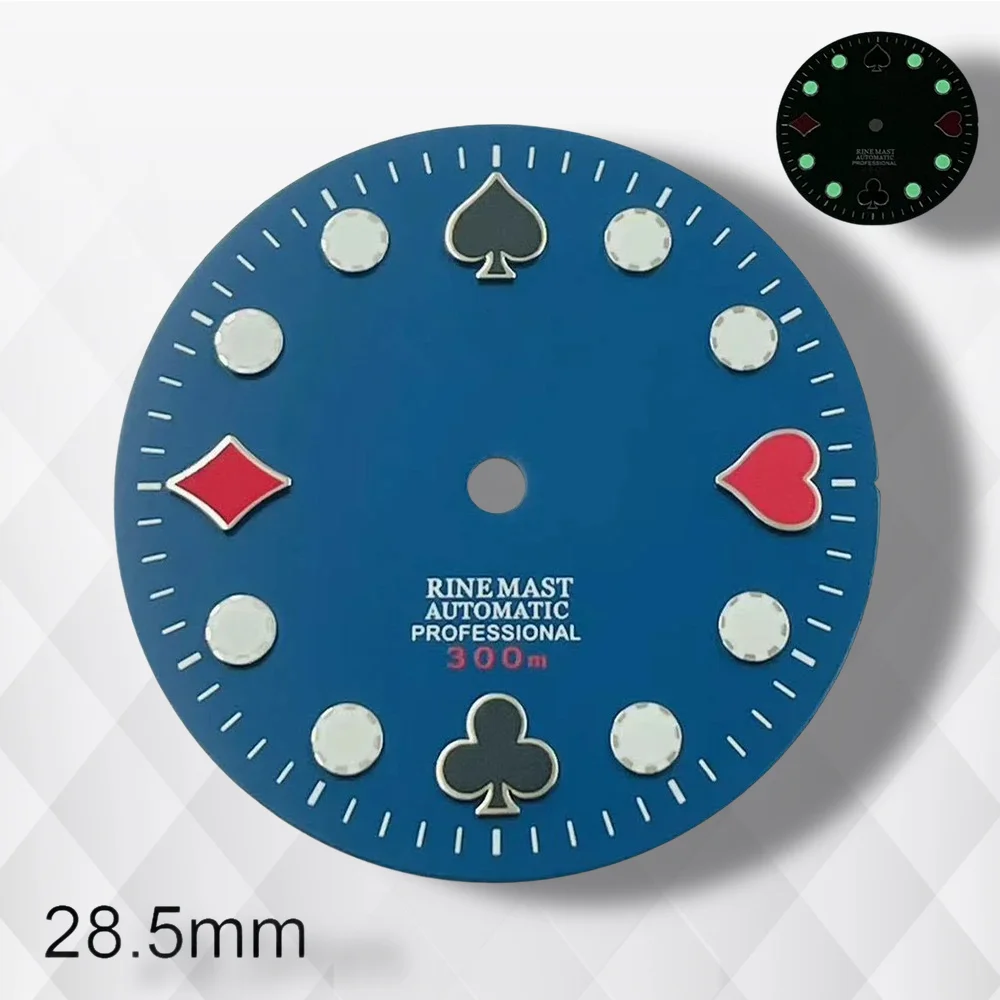 28.5mm S 로고 포커 다이얼 NH35/NH36/4R/7S 일본 무브먼트 녹색 빛나는 고품질 다이얼 시계 수정 액세서리