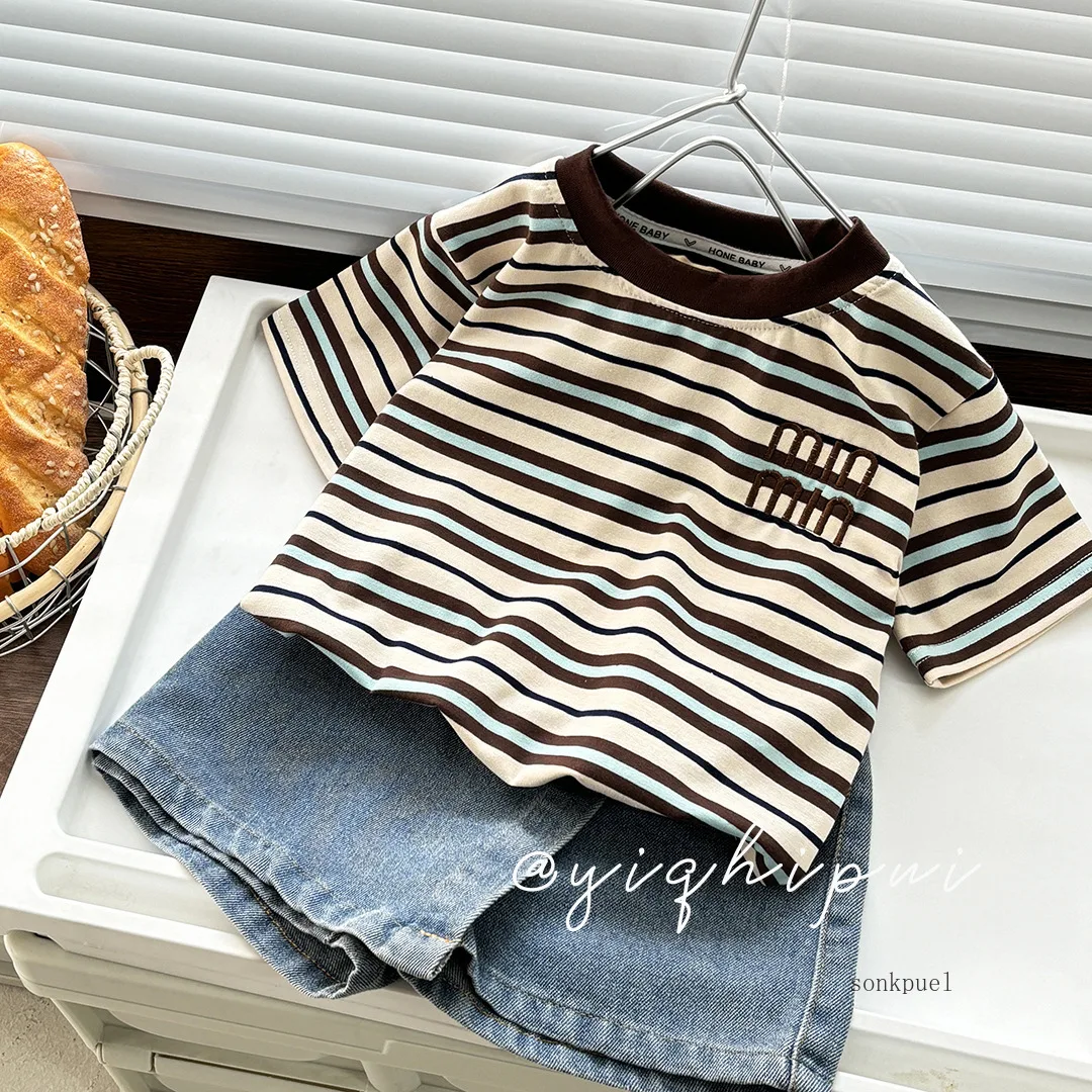 2025 Summer New Boys' Striped T-Shirts Value Children Girls Tops Short Sleeve O-Neck Cotton Kids Clothes 2-10Y image 5