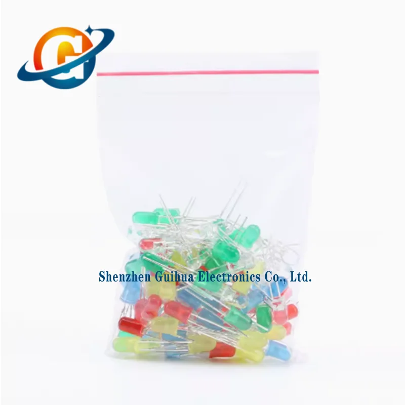 5MM LED light component package with 5 types of red, green, yellow, blue, and white, each with 20 pieces, totaling 100 pieces