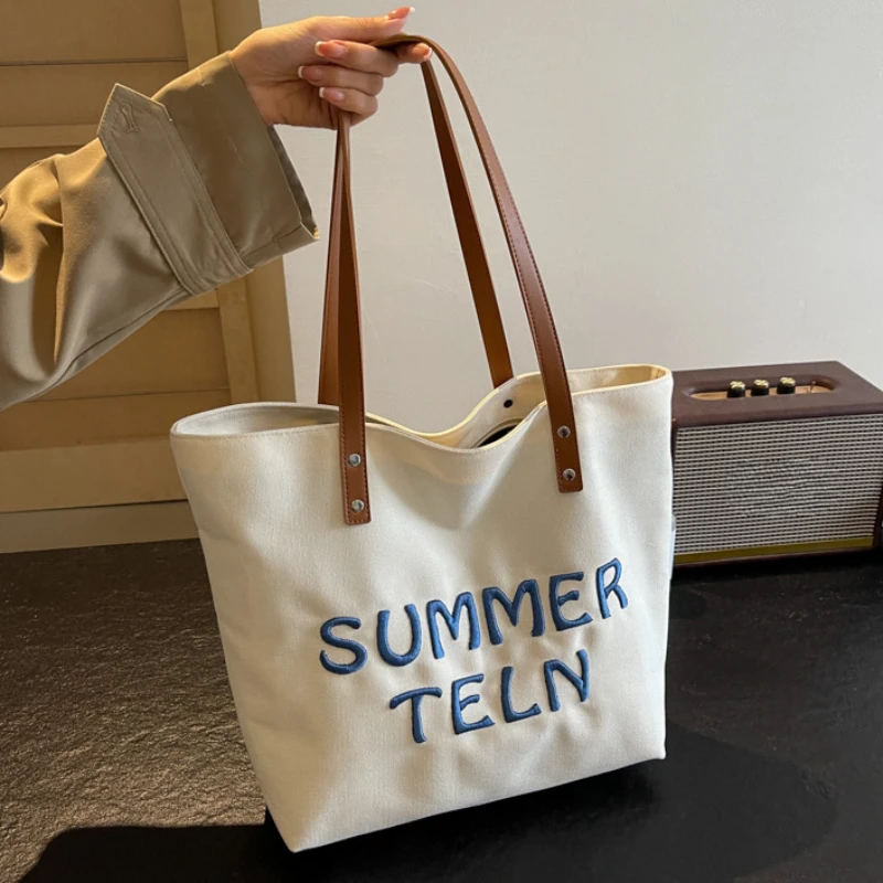 

Simple Large Capacity Women's Canvas Shoulder Bags College Girls Female Tote Summer Letter Embroidery Ladies Travel Handbags