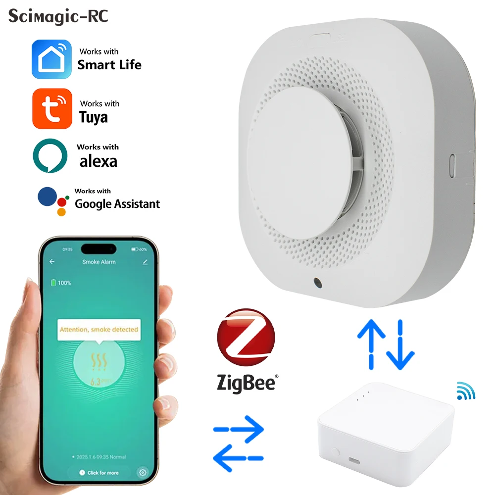 2 estilos Tuya Smart Zigbee / Wifi detector de humo inteligente contra incendios protección contra incendios alarma de seguridad para el hogar alarma de luz sonora control de aplicaciones