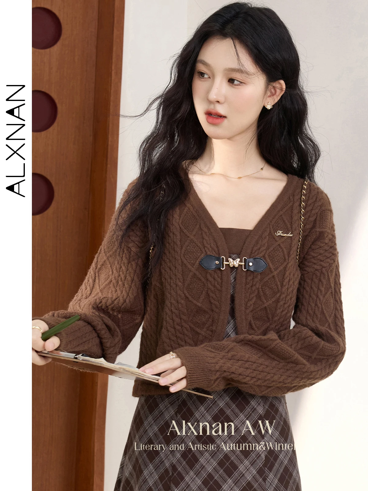 ALXNAN Women's Coffee Cropped Cardigan Trendy Chic Metal Butterfly Button Letter Brooch Long Sleeve Sweater Fall Winter L51523SY