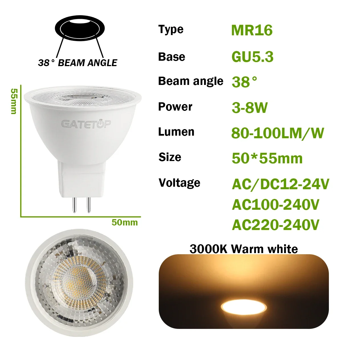10 Stück MR16 LED-Strahlerlampe GU5.3, AC 110V 220V 12V Glühbirnen, Spotlicht als Ersatz für 50W Halogenlampe, für Zuhause