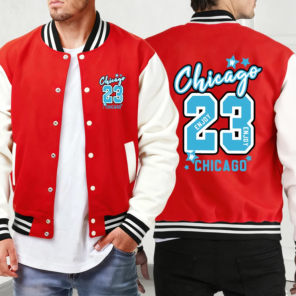 

Chicago Star 23 Enjoy Print Autumn Jackets Men'S Vintage Casual Baseball Uniform Pocket Sport Menswear Loose High Street Veste