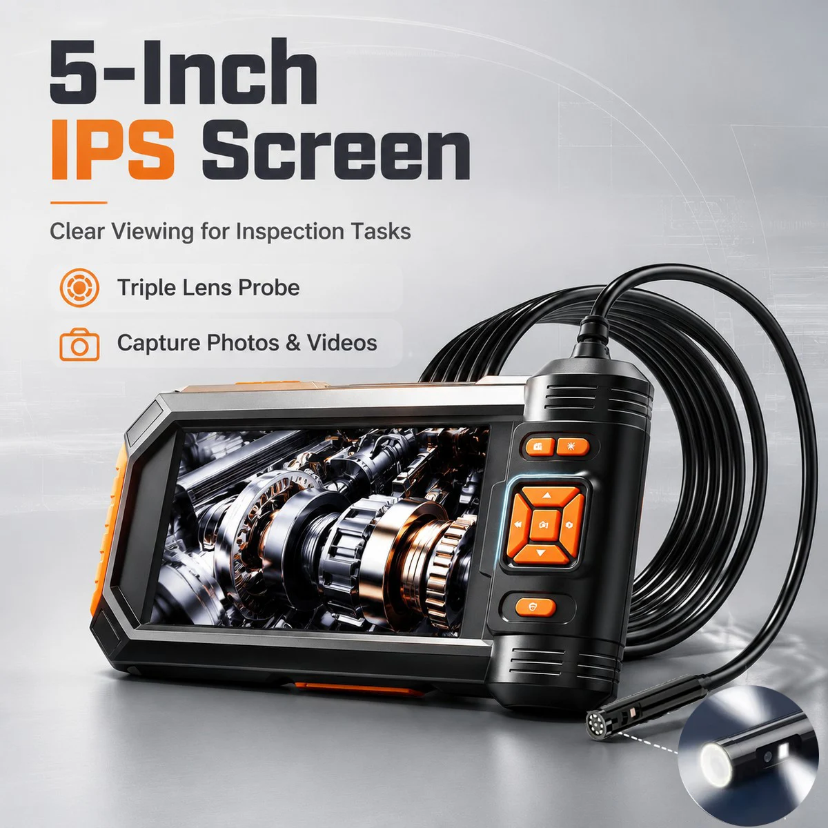 5" IPS-Display 1080P HD Dreifachlinsen-Boreskop-Kamera Inspektions-Endoskop-Werkzeug mit LED-Beleuchtung für die Inspektion von Auto-Rohrwänden