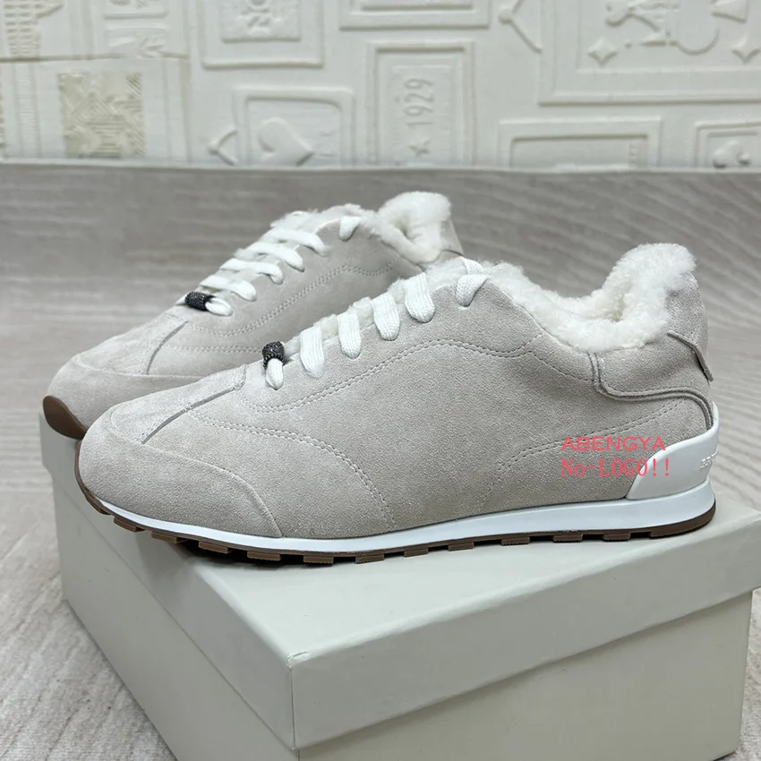 

2025 Designer Suede Wool Flat Loafer Shoes Women Lace Up Winter Fur Shoes Casual Warm Vacation Walk Snow Shoes Woman 2025
