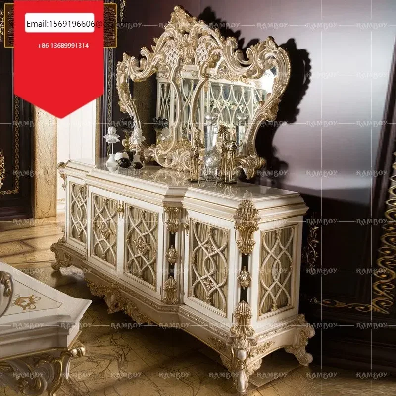 

European luxury solid wood carved gold sideboard villa living room locker porch tea cabinet