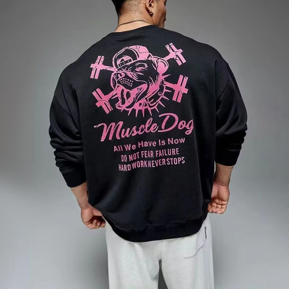 Mens Y2k Round Neck Sweatshirt Autumn And Winter New Fashion American Style Printing Loose Casual Sports Fitness Long Sleeve Top