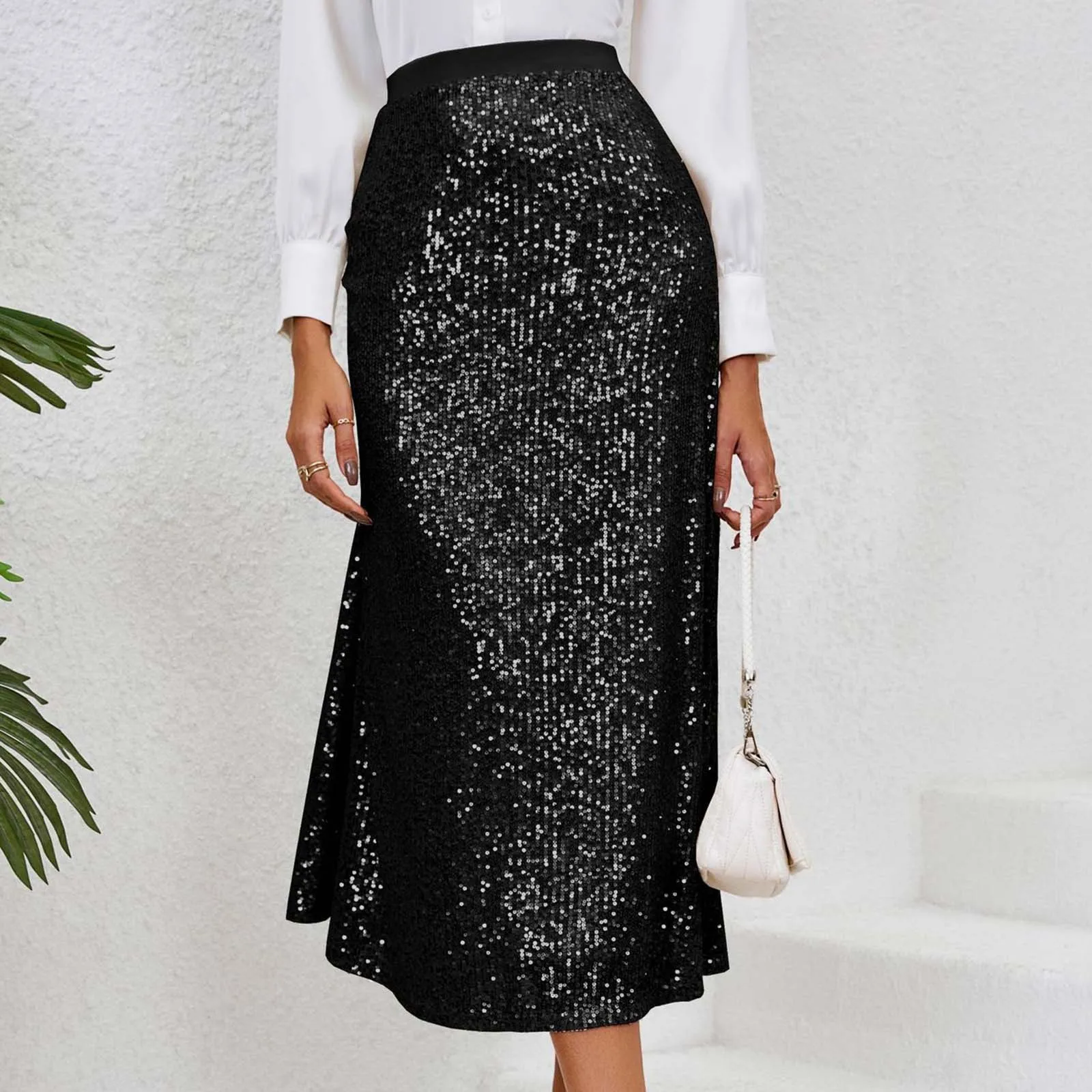 

Spring And Summer New Fashionable Commuting Mid Length Skirts Women's Sequined Maxi Skirts Elastic High Waist A Line Skirt