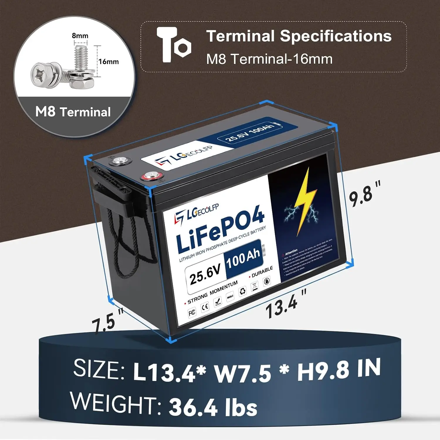 24 V 100AH LiFe PO4 Lithium Battery,Built-in 100A BMS,2560W Power Output,Up to 15000 Cycles,Perfect for Trolling, Custom