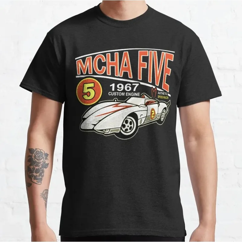Mach 5 سيارة أعلى سرعة المتسابق أنيمي خمر الرجعية المتعثرة القطن تي شيرت حجم كبير 'Mach Go Go Go' قميص مطبوع للرجال