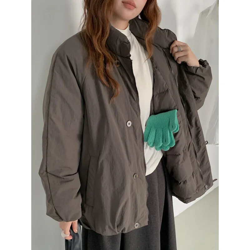 YERMORA البيج سستة جيب موجز عادية أسفل معطف للنساء الوقوف طوق كم طويل فضفاض جديد سترة موضة المد شتاء 2025