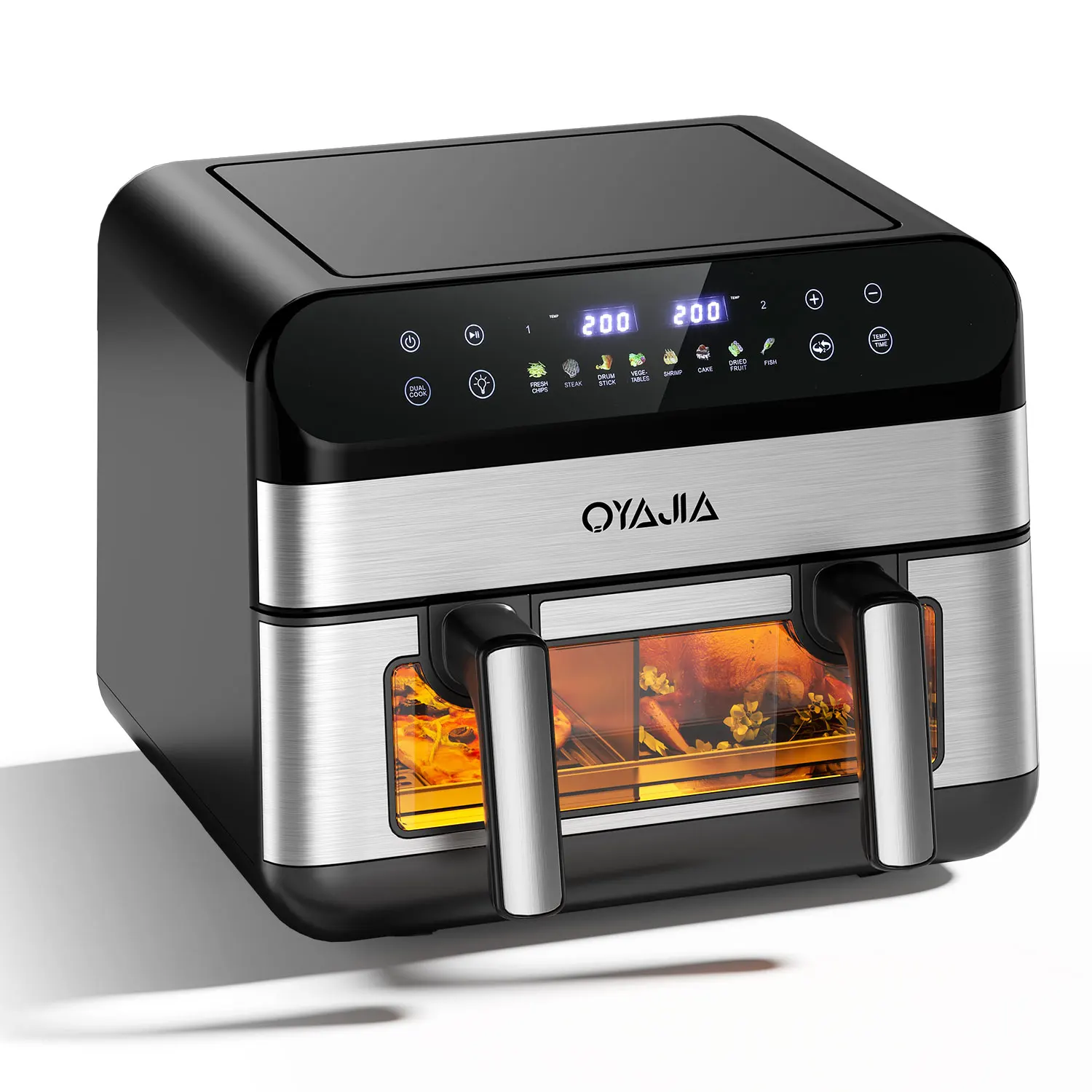 Doppel-Heißluftfritteuse Digitale Heißluftfritteuse Backen 10QT 9L Doppelzone 2400W 80-200 ° C 8 Voreingestellte Modi Schwarz + Farbdisplay Touchscreen Edelstahl-Heißluftfritteuse