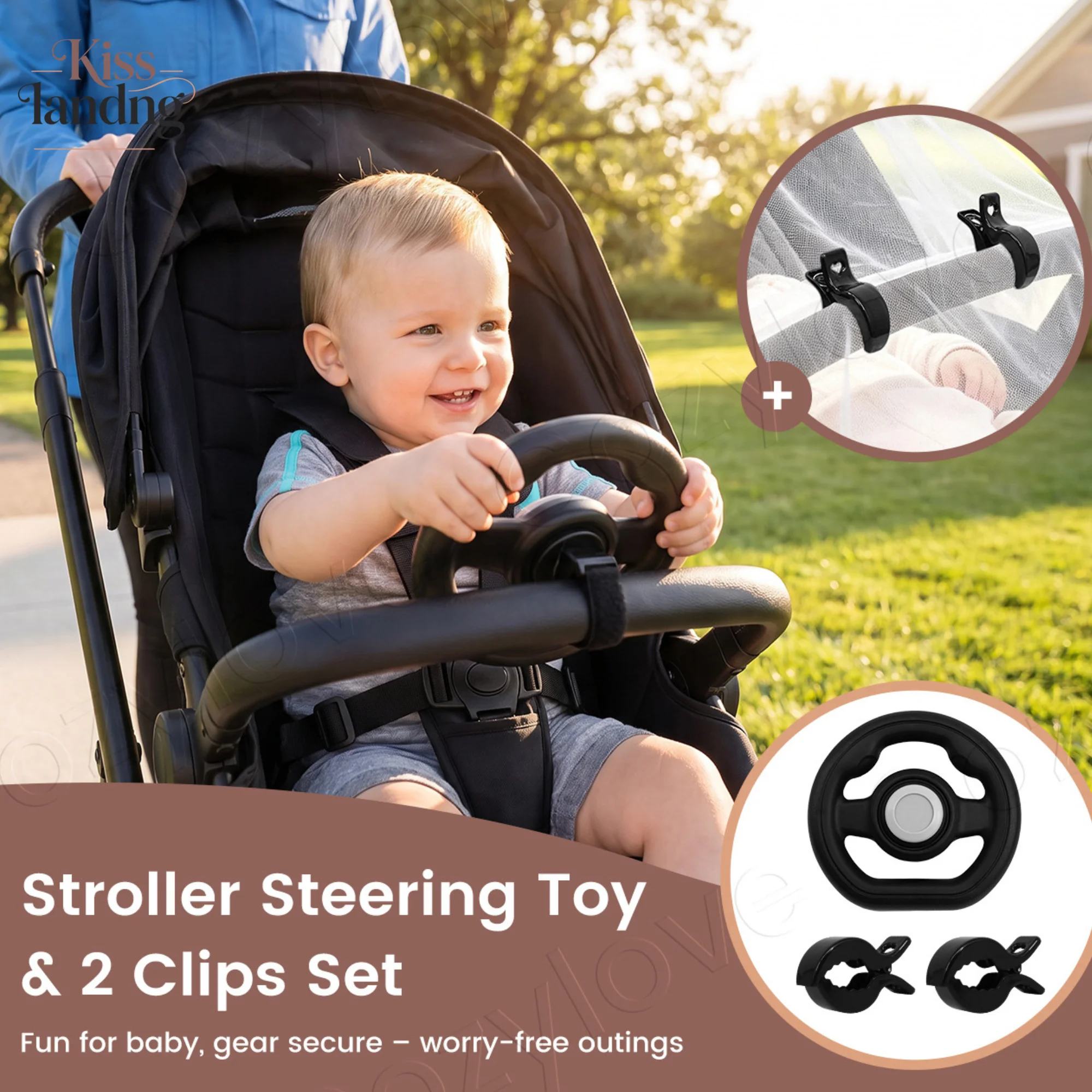Baby Stroller Steering Wheel with 2 Pack Universal Clips, Toddler Pretend Driving,Stroller Accessory Set for Mosquito Net & Sun