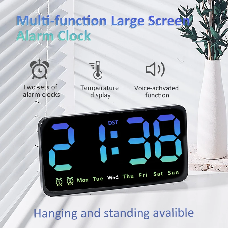 Large Digital Wall Clock with Voice Control Temperature Date Week DST Snooze Table Clock Home Dual Alarm Wall-mounted LED Clock