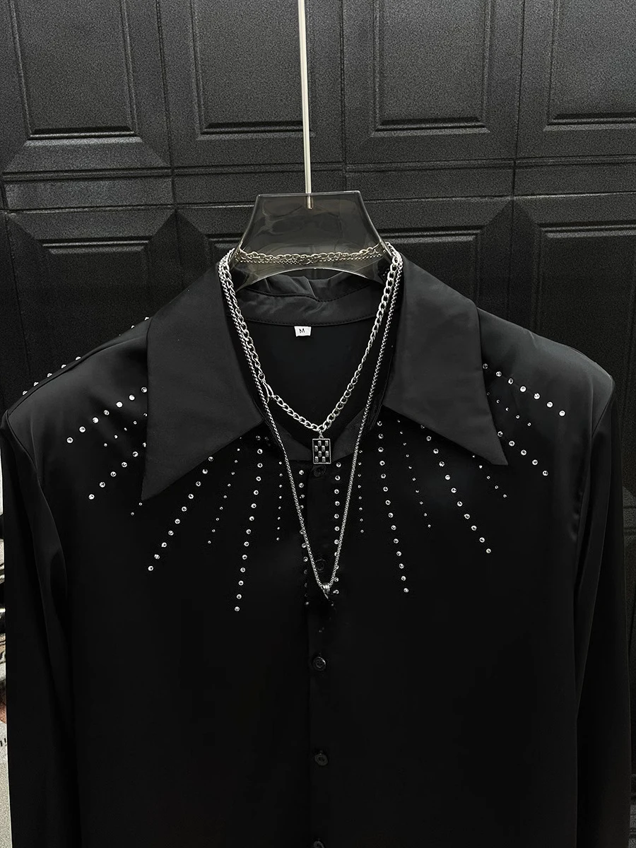 High-end Fashion Striped Hot Diamond Long-sleeve Shirts Men's 2025 Spring Summer New Handsome Trendy Tops Shoulder Padded Shirt