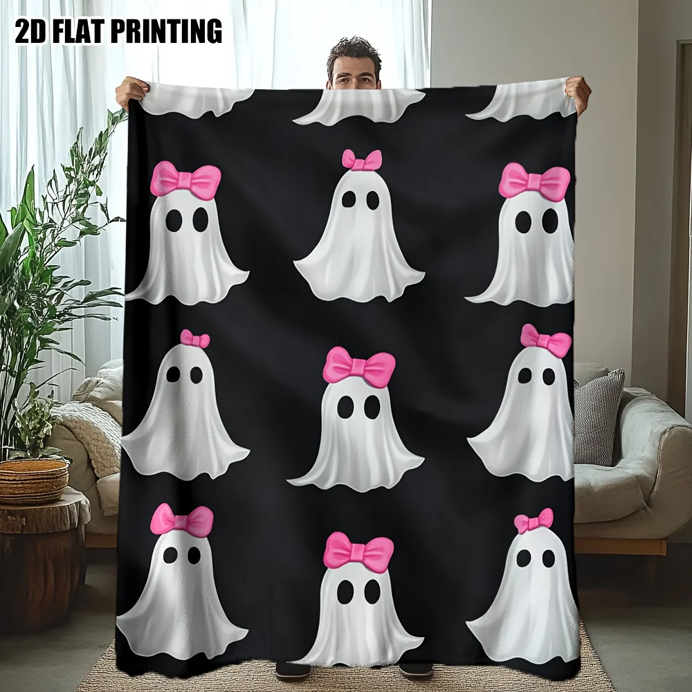 1pc Ultra-Soft Halloween Ghosts with Pink Bows Print Flannel Throw Blanket - Cozy and Comfortable Twin Size Blanket for Bed, Couch, Chair, Office, and Camping - All-Season Sofa Gift