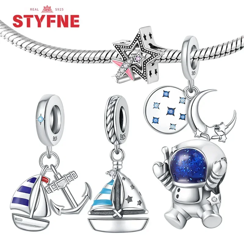 

S925 Sterling Silver Cute Astronaut Bead Shiny Star Charms for Women Birthday Fine Jewelry Party Gifts DIY Accessories