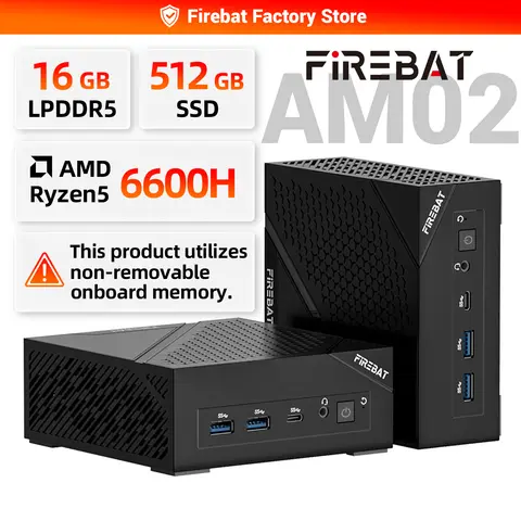 FIREBET AM02 Mini PC 6600H CPU 6C/12T MAX 4.5GHz 16GB LPDDR5 RAM 512GB SSD Windows 11 Desktop 2*RJ45 WIFI6 BT5.2 Gaming Computer