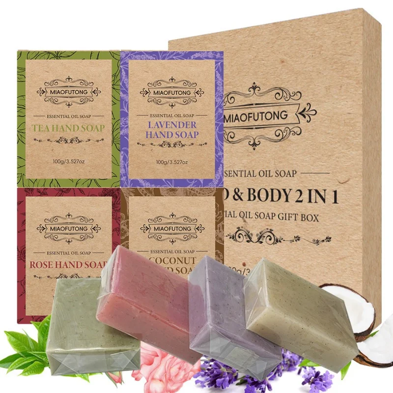 4pcs Plant Matte Pellet Soap Coconut Oil Lavender Rose Essential Oil Wash Face Wash Hand Soap Set Box Holiday Gift, Christmas