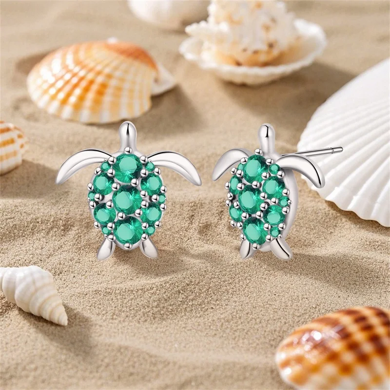 925 Silver Ocean Series Green Turtle Earrings Suitable for Women's Wedding, Engagement, Birthday Party Gifts