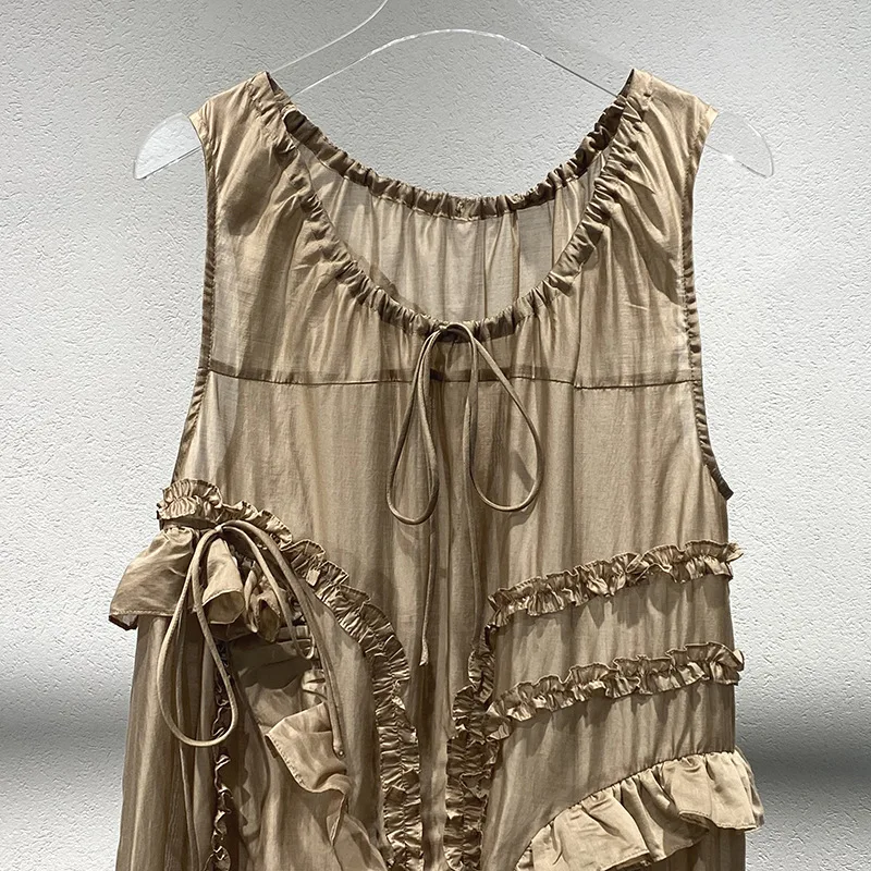 تنورة طويلة جديدة لربيع وصيف 2025 برقبة دائرية مكشكشة ومرقعة مائة متطابقة مع فستان نسائي رقيق بدون أكمام #3